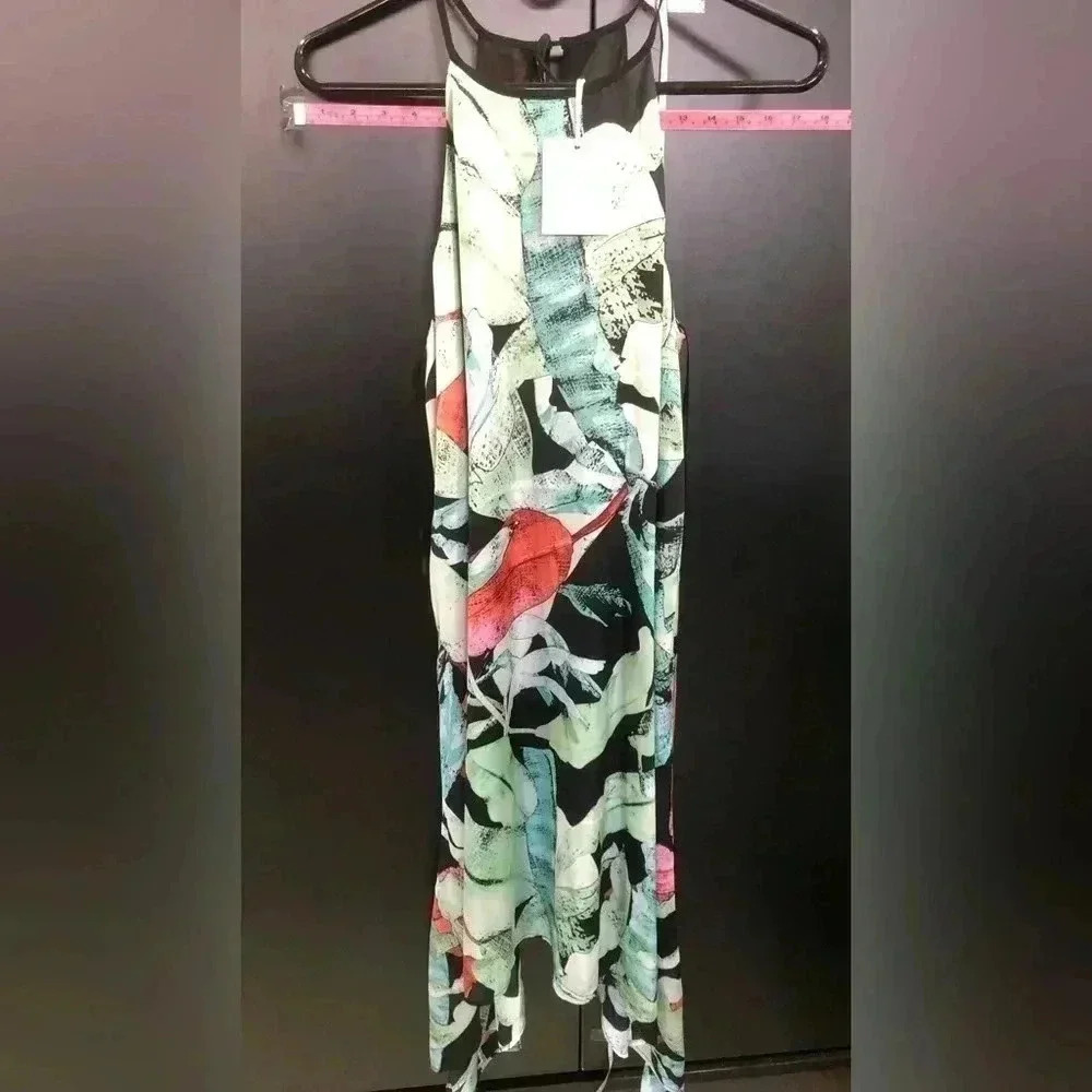 LC Lauren Conrad Halter Slip dress,spaghetti strap,asymmetrical hem,tropical